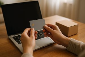 Mani che tengono una carta di pagamento davanti a un computer portatile, con un pacco di cartone accanto